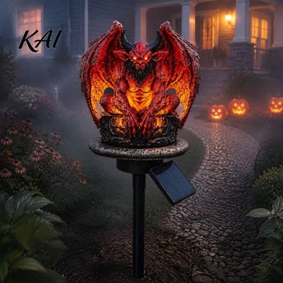 Gothic Demon Yard Ornament Dragon Solar Garden Light, Outdoor Gargoyle Statue with Warm LED Lighting, Halloween Cemetery Decoration Waterproof