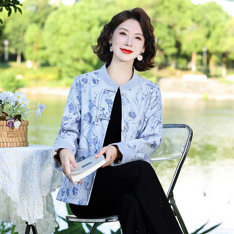 

Stylish Spring-Autumn Chinese Tang Suit Windbreaker for Middle-Aged Women 3XL (120-135 lbs) лист/синий