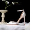 Fashion White Silk Rhinestone Pointed High-heeled Shoes, New Rhinestone Wedding Shoes, Bride's Shoes, One Piece with Toe Cap Sandals