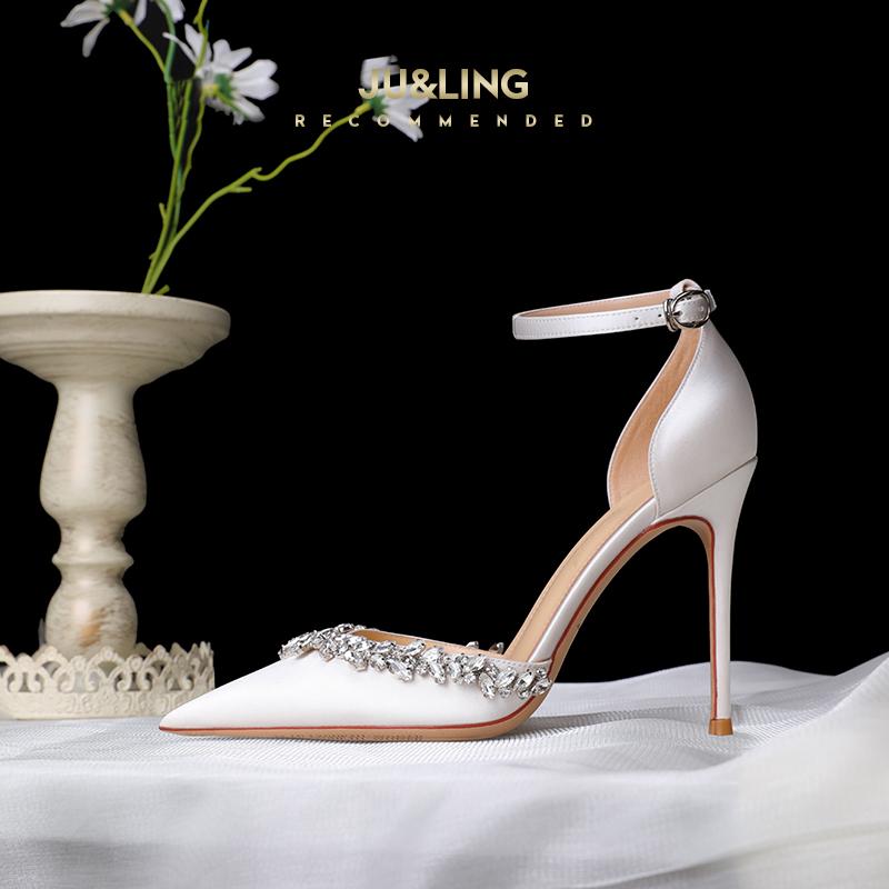 Fashion White Silk Rhinestone Pointed High-heeled Shoes, New Rhinestone Wedding Shoes, Bride's Shoes, One Piece with Toe Cap Sandals