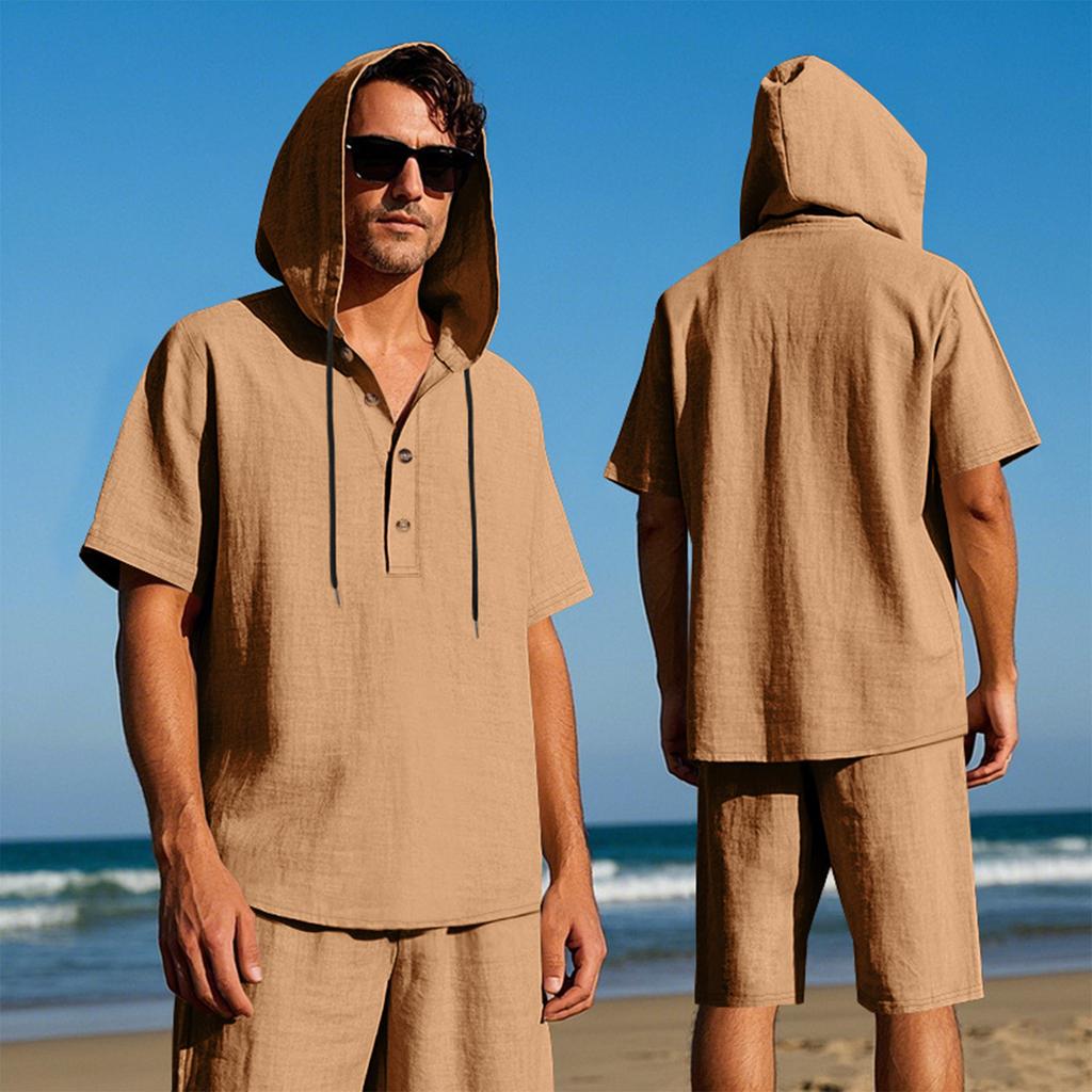Men'S Loose Hooded Casual Short Sleeved Shirt Beach Shorts Set