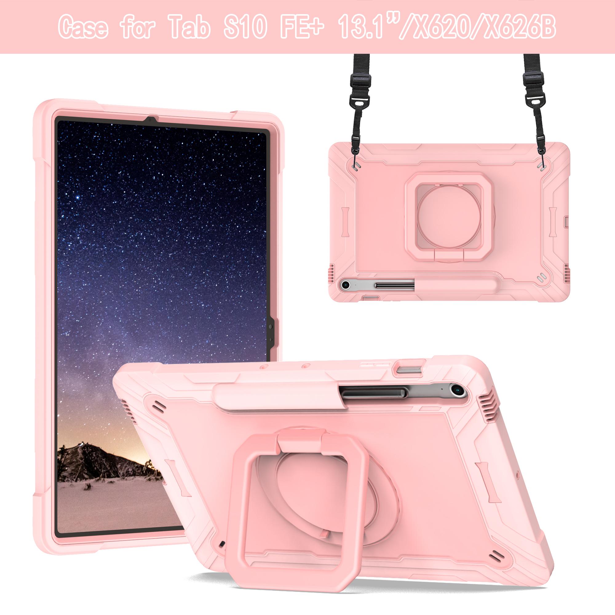 

360 Rotating Stand Case for Samsung Galaxy Tab S10 FE Plus 2025 13.1 SM-X620 X626 With Handle Grip & Shoulder Strap Armor Cover S10FE Plus X620 X626 розового золота