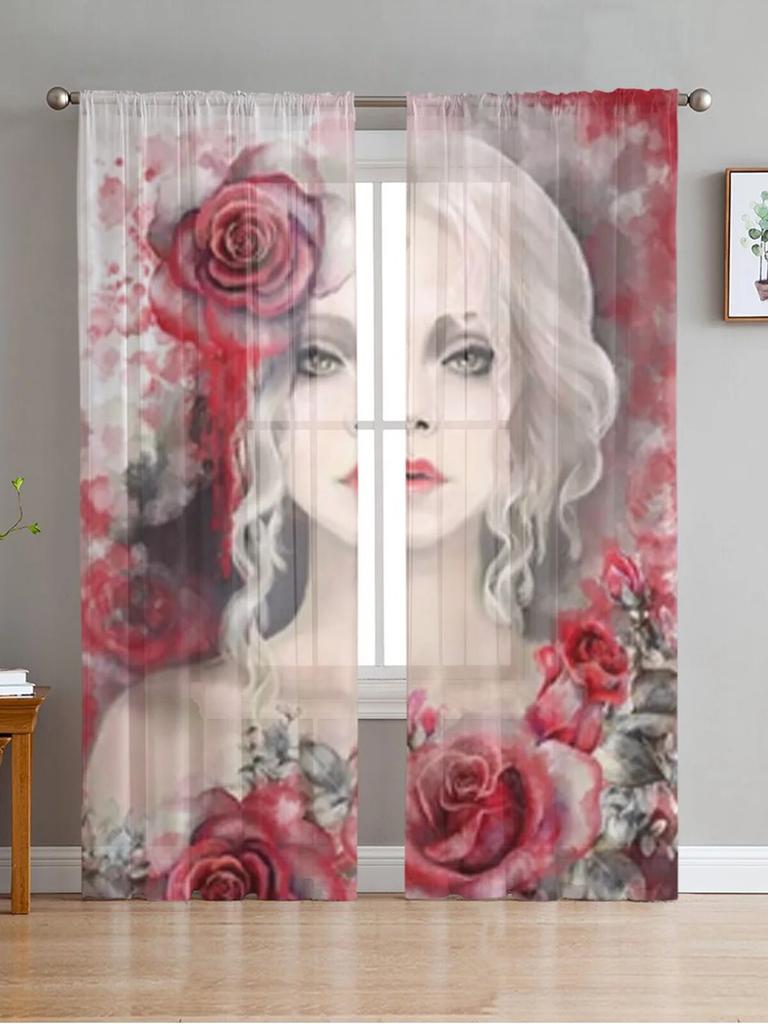 Krásná žena průsvitné závěsy do obývacího pokoje Dětská ložnice Tylové závěsy Závěsy pro ošetření oken v kuchyni