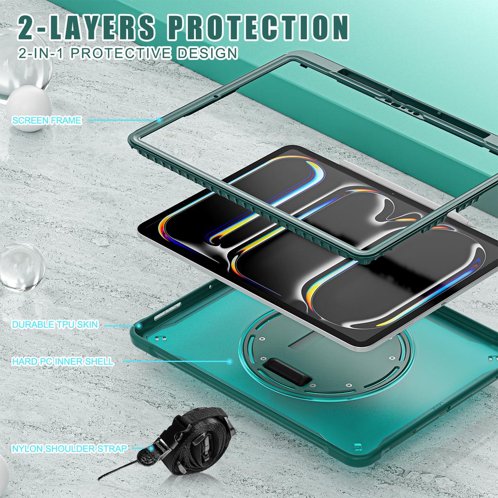 For iPad Pro 13 (2025)/(2024) Case Hand Strap Kickstand PC+TPU+Silicone Cover with Shoulder Strap