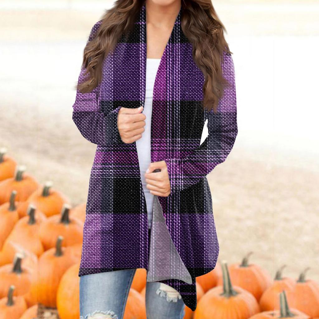 Women's Casual Fashion Plaid Print Half-open Collar Mid-length Irregular Hem Cardigan Jacket