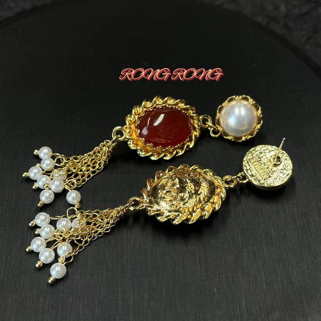 Vintage French Palace Style Red Agate Pearl Tassel Earrings Long Light Luxury Accessories
