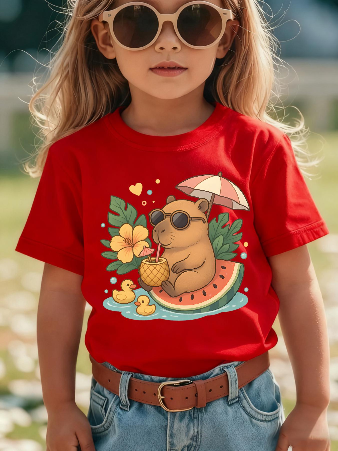 Kids Tshirt  Girls Purple Cotton Tshirt Cute Capybara Holiday Print Casual Short Sleeve Tee Tops  Kids Clothes Girls T Shirt 100