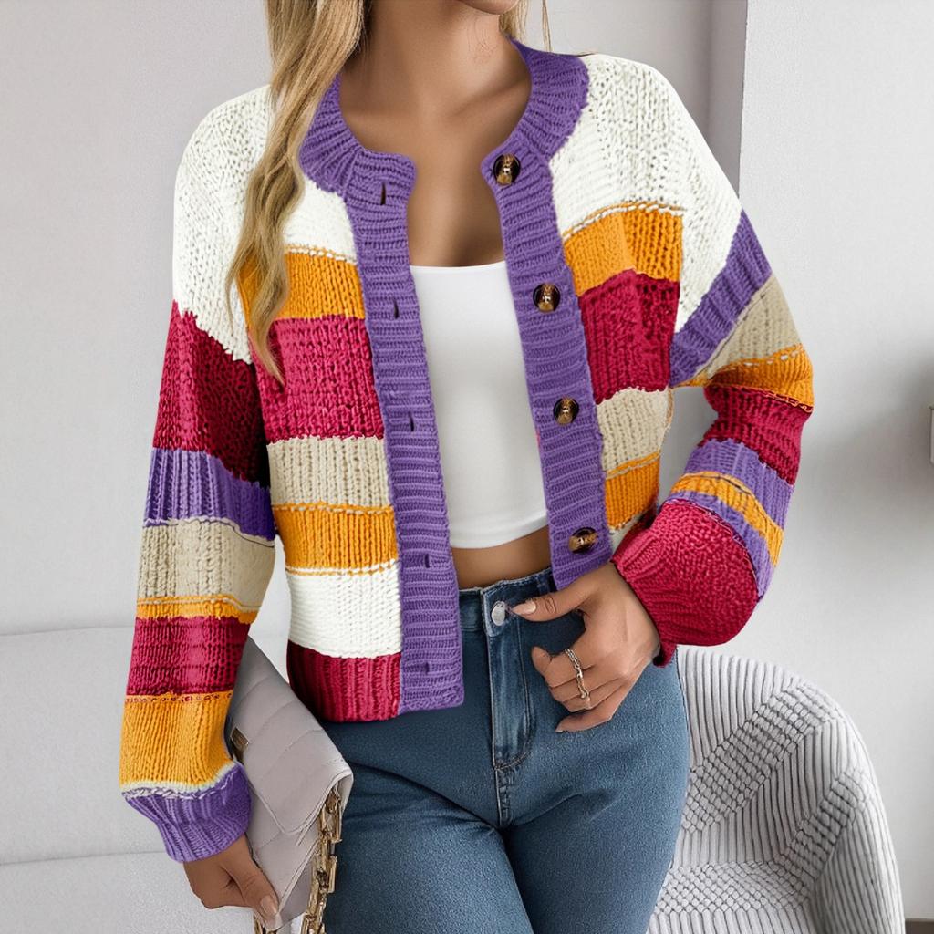 Women's Striped Chunky Needle Button-Down Cardigan Sweater Colorblock Long Sleeve Knitted Jacket