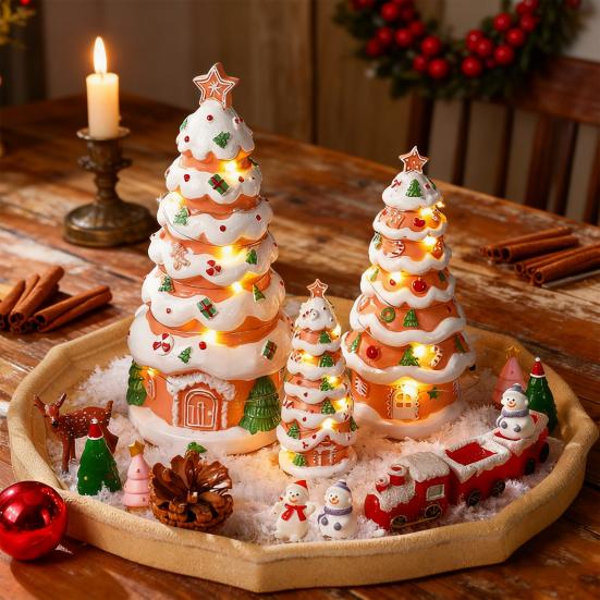Gingerbread House Christmas Tree Figurine Light Up Resin Tree Shaped Gingerbread House