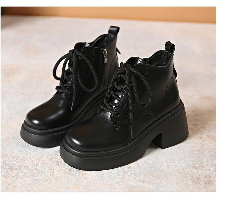 

2024 autumn new round head thick heel lace-up fashion boots women s thick-soled British style retro muffin short Martin boots 35 чёрный
