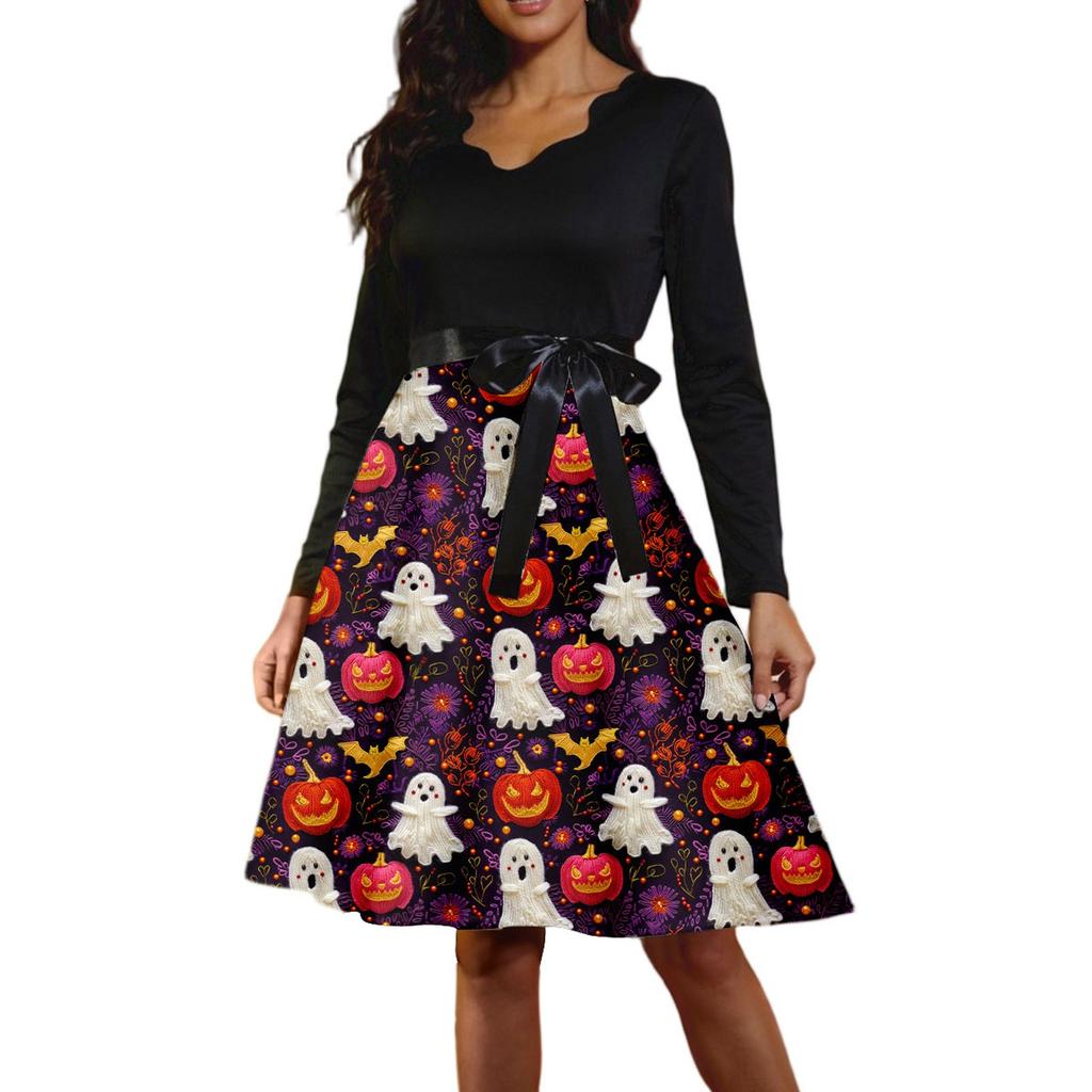 Women's Casual Fashion Long Sleeve  Halloween Graphic Printed Vintage Long Dresses