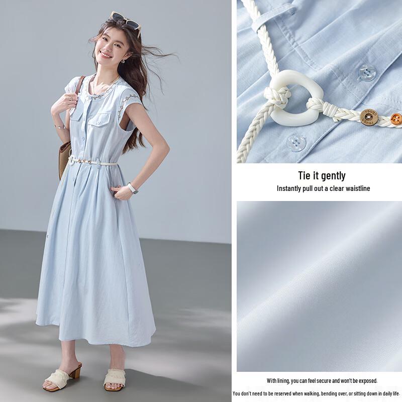 VICTORIA&VERA Lyocell Embroidered Flutter Sleeve Dress with Belt
