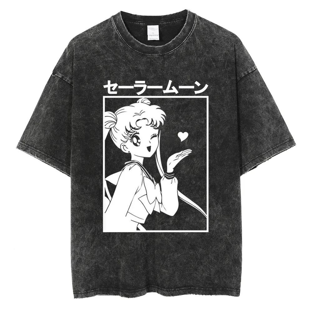 Pánské Dámské Potisk Vintage Prané Tričko Japonské Anime Streetwear Grafické Tričko Léto Krátký Rukáv Bavlněné Tričko
