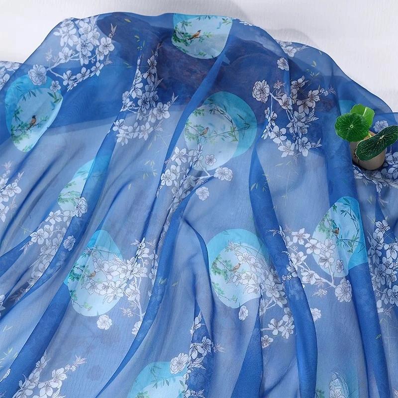 Hedvábný šátek dekorativní 30D Tištěný šifon Inkoustová malba Čínský styl Látka Starobylý kostým Hanfu Sukně Gáza Gázová oděvní látka
