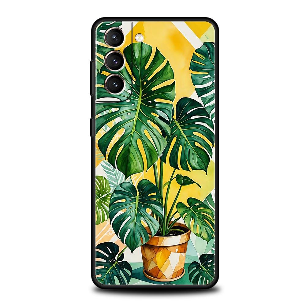 Leaves Monstera Green Phone Case For Samsung Galaxy S26 Ultra S25 Plus S24 FE S23 S22 5G S21 S20 Cover Black Soft