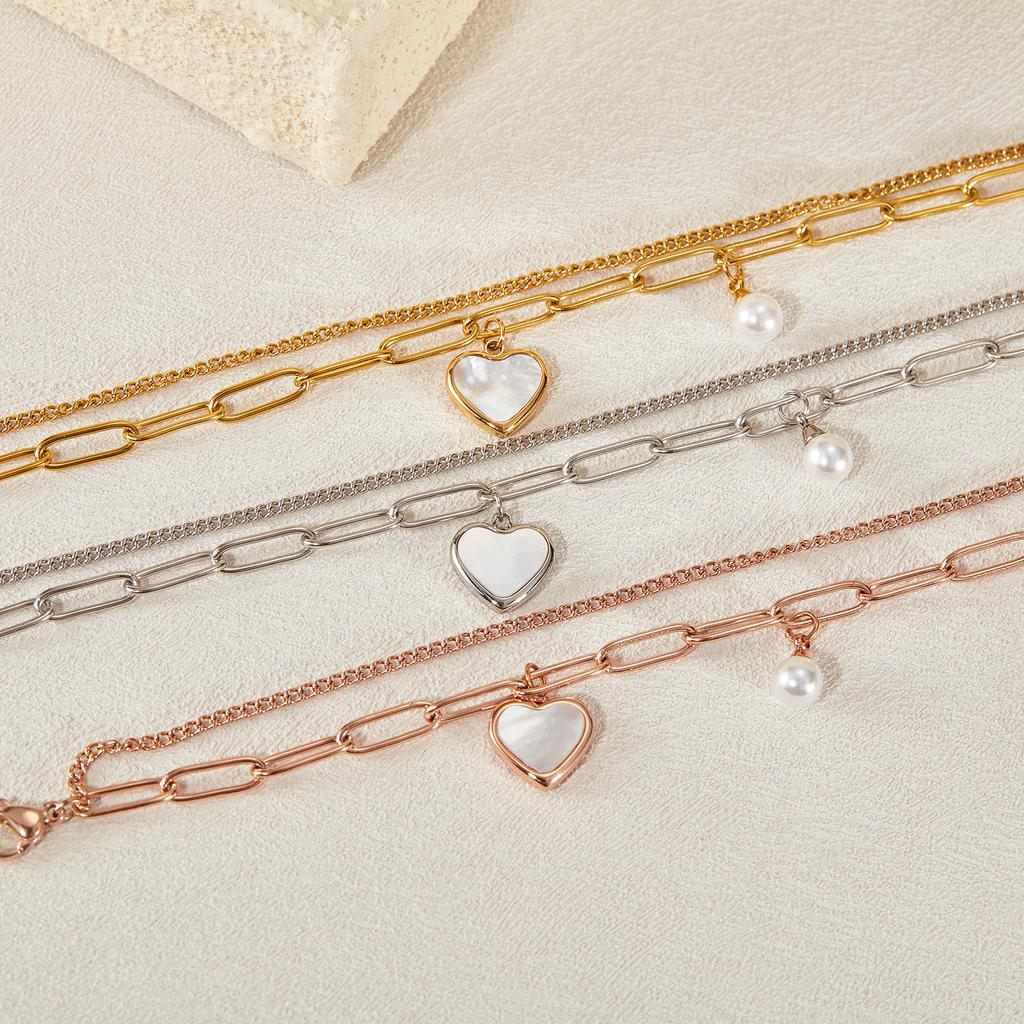 Fashion niche design personalized double-layer bracelet temperament versatile heart simulation pearl stainless steel bracelet