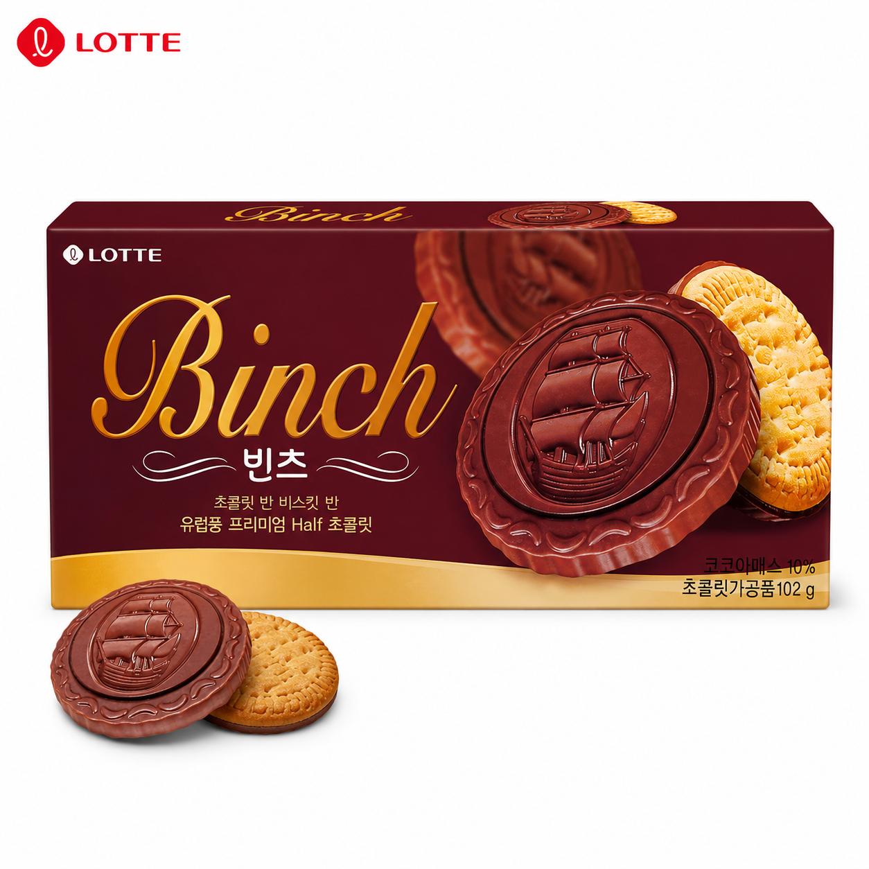 Печенье Lotte Binch с комплексным шоколадом 102 г | Хрустящая текстура печенья, Насыщенный шоколадный вкус, Удобный снек 102g*1pcs