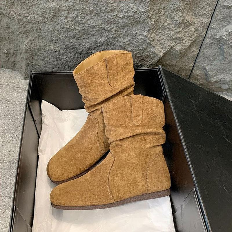 

Fashion Autumn Winter Vintage Versatile Slim Boots Korean Style Round Toe Flat Bottom Short Boots Women s Fashionable Piled Up Boot 36 жовтий