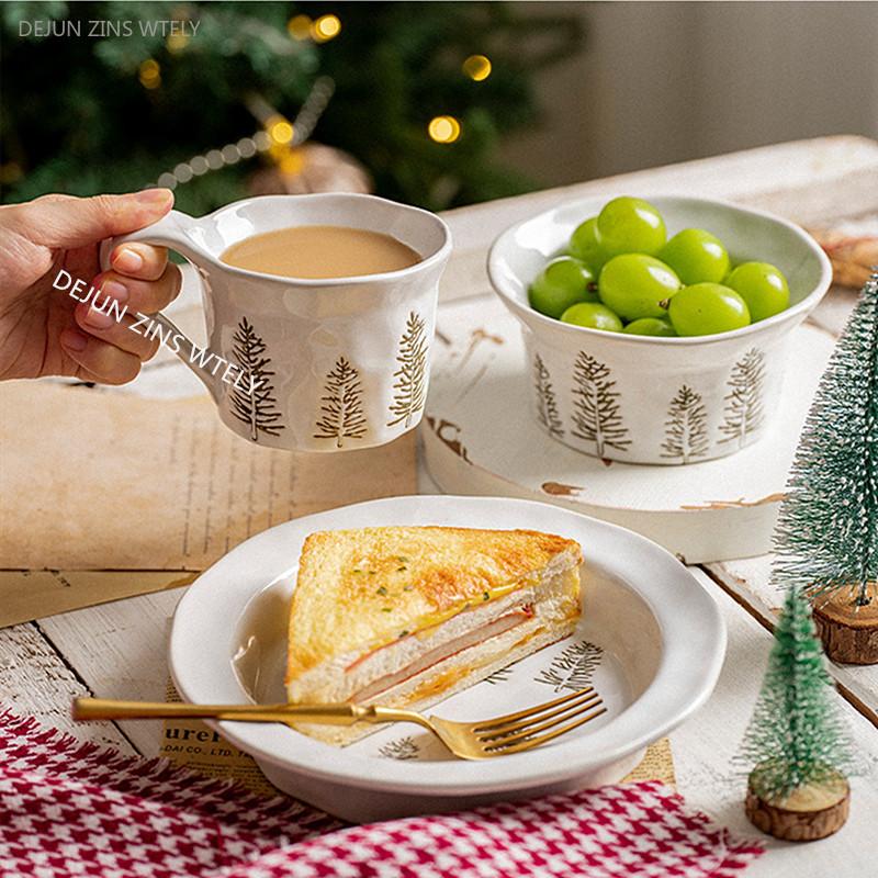 1PC Exquisite Christmas Tableware Ceramic Plates Fruit Salad Plates Breakfast Milk Mugs Household Kitchen Ceramic Noodle Bowls