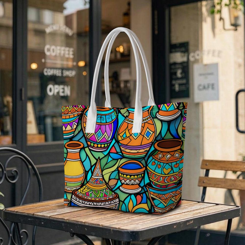 Bohemian Pottery Pattern Tote Bag for Daily Shopping Travel Commute Lightweight Fashion Large Capacity Casual Handbag