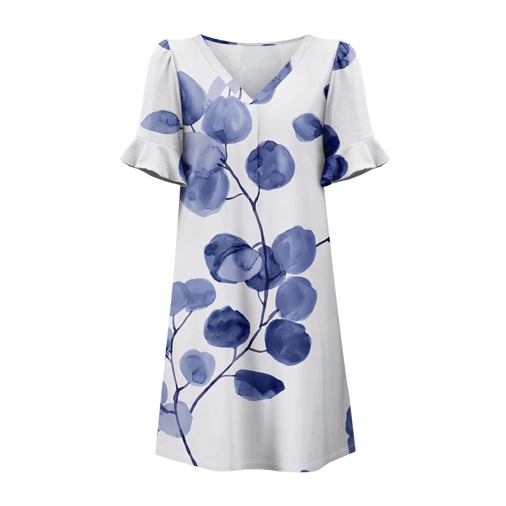 Summer Dresses For Women V Neck Ruffle Short Sleeve Casual Loose Printing Dress Beach Dress With Pockets