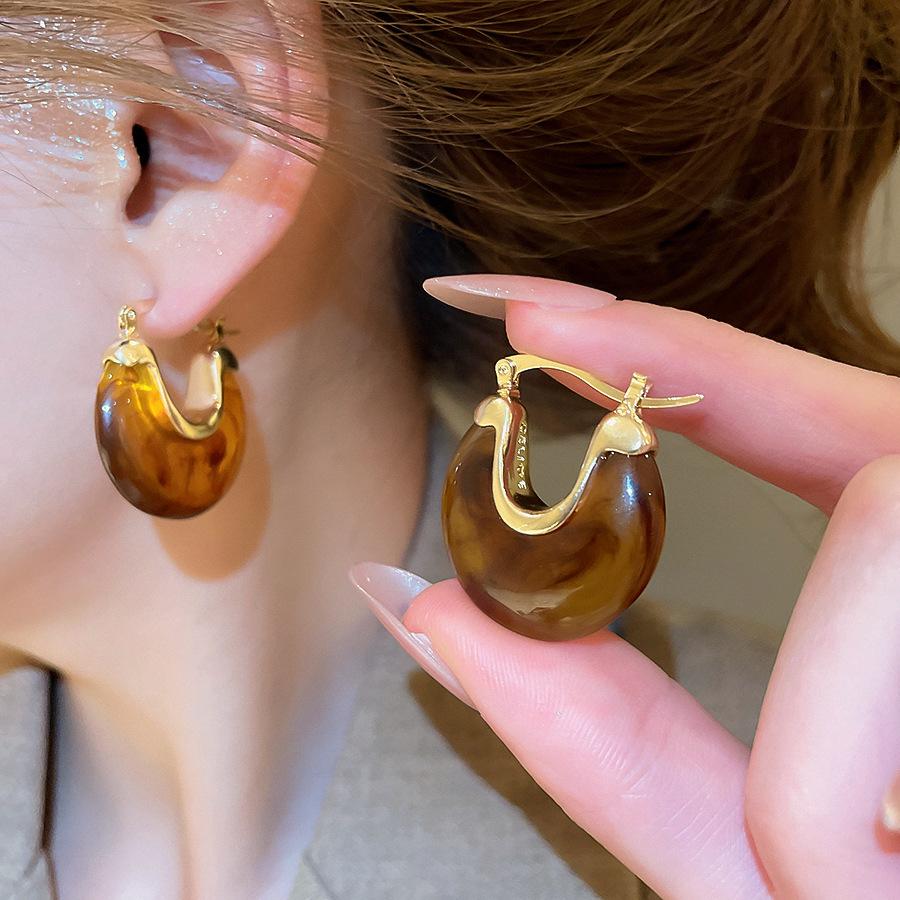 Autumn and Winter Retro Maillard Coffee Color Resin Tiger's Eye Earrings, Ear Buckles, Niche Earrings for Women