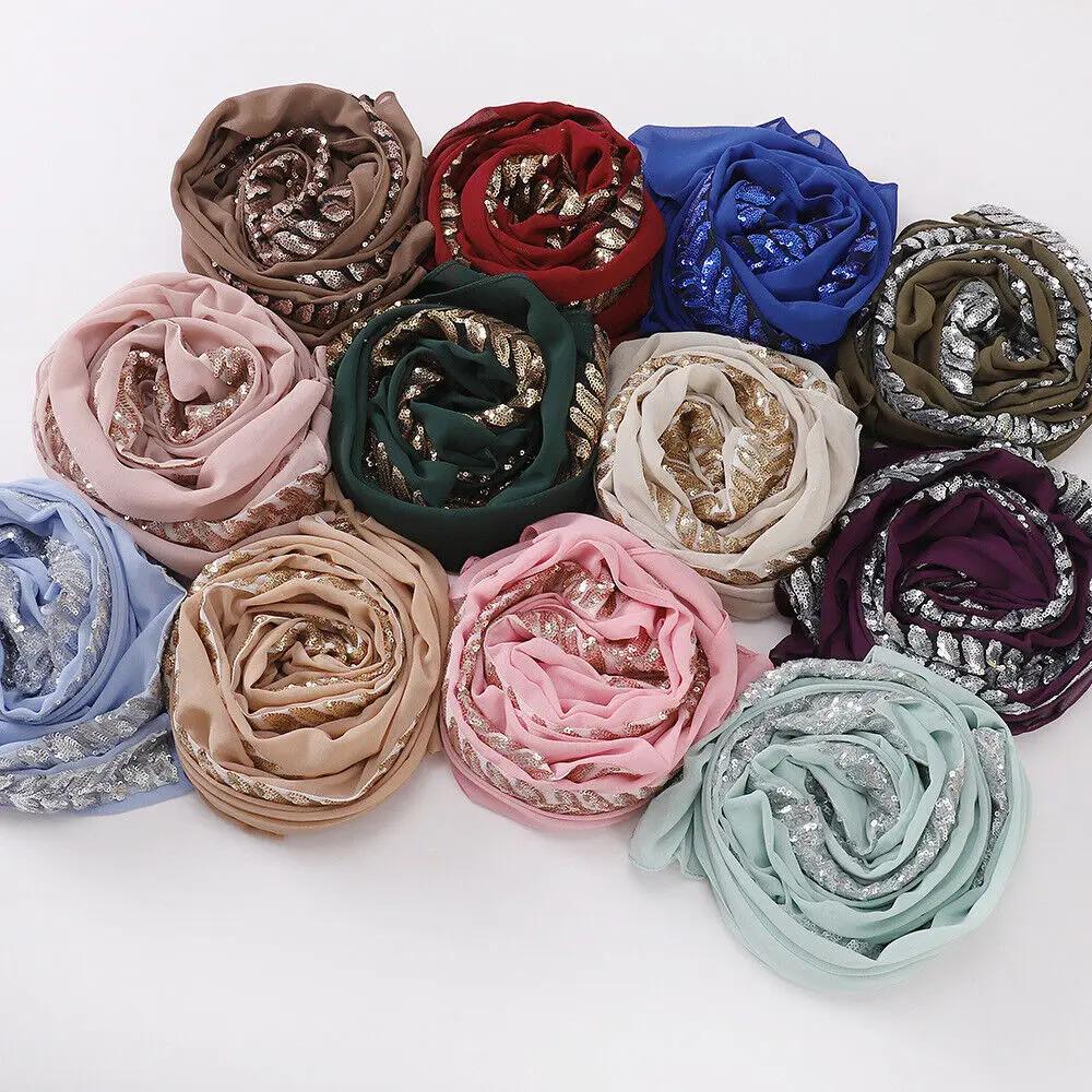 High Quality Pearls Chiffon Scarf Muslim Women Sequins Hijab Headwrap Arab Plain Turban Shawls Hair Accessories 175*70cm