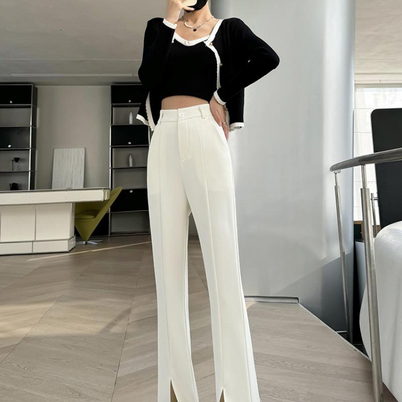 Black Flared Wide-Leg Pants High Waist Draped Petite Casual Slim Straight Floor-Length Split Suit Pants