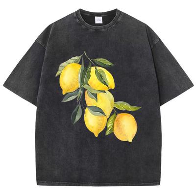 Kreatives Zitronenmuster Druck Gewaschenes T-Shirt Damen Baumwollshirts Rundhals Oversized Säurewäsche Tops Sommer Freizeit Damenbekleidung