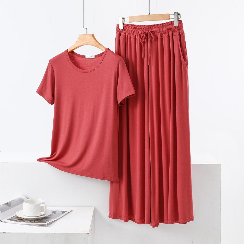 Color Block Cotton Crew Neck Two-Piece Set: Short Sleeve Top & Wide Leg Drawstring Pants