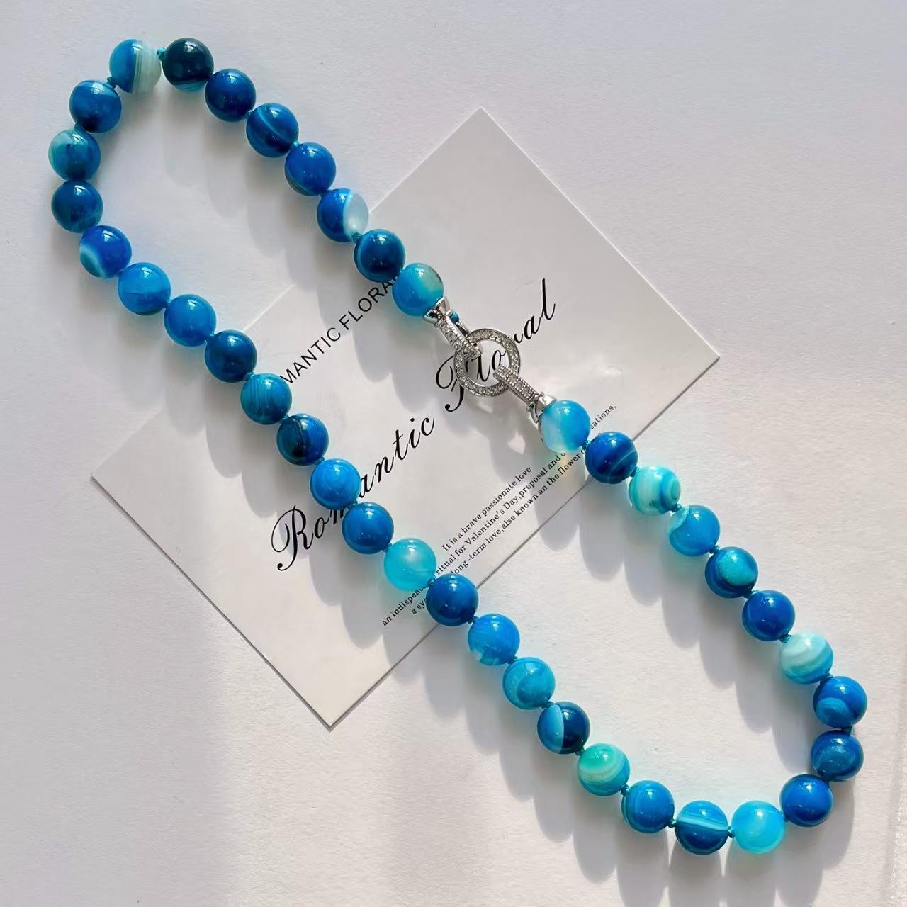 National Style Retro High Quality Natural Blue Danube Blue Chalcedony Agate Necklace