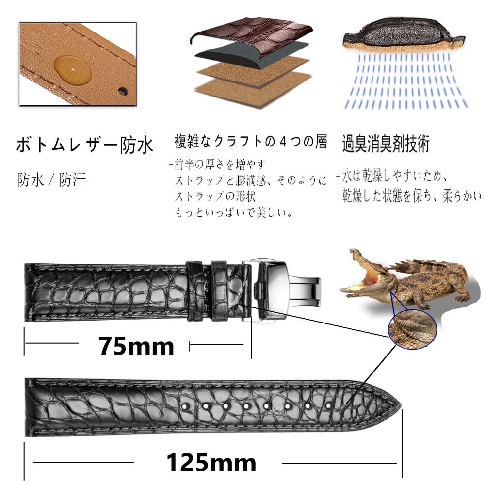 Moran Krokodilleder Uhrenarmband mit D-Schließe, 18mm, 19mm, 20mm, 21mm, 22mm, 23mm, 24mm, Wasserdicht und Schweißfest, Ersatzarmband