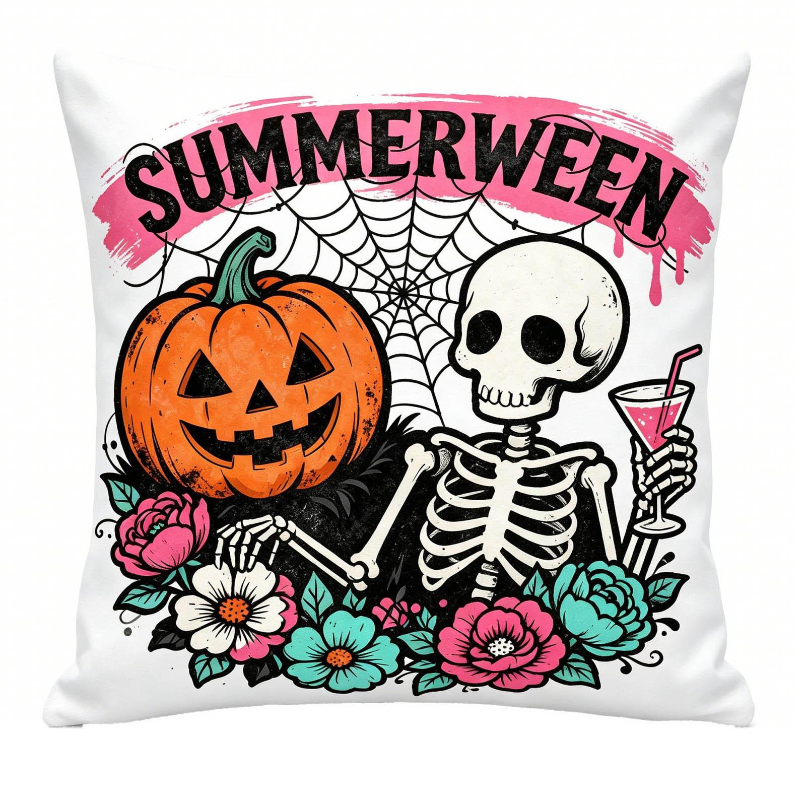 Summerween Double Sided Linen Halloween Beach Skeleton Print Decorative Pillow Cover 45x45cm for Sofa Bedroom Living Room One Size