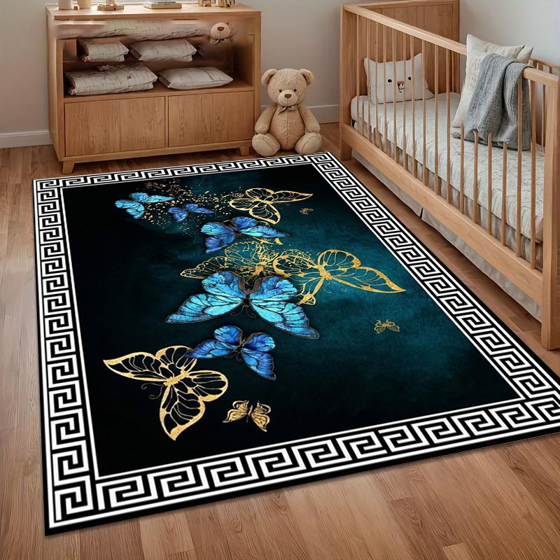Teppiche für Wohnzimmer Türkis & Gold Schmetterling Griechisches Muster Schlafzimmer Läufer Weicher Schlafzimmerteppich mit luxuriösen Schmetterlingsmotiven Geschenk