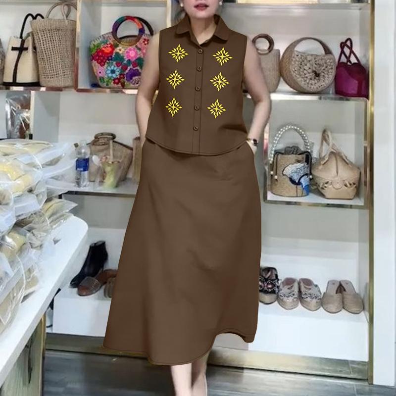 ZANZEA Women Sleeveless Print Vest Tops and Long Skirts Summer Two Piece Suit Sets