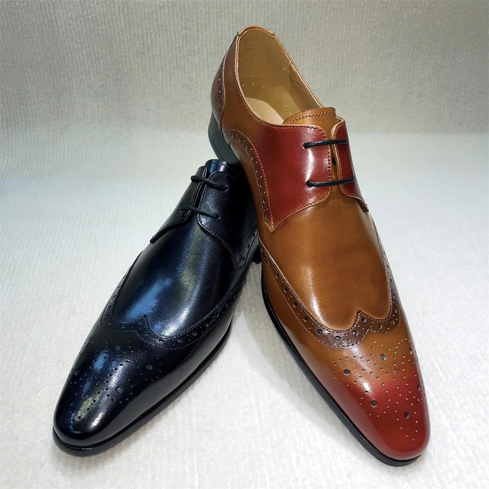Brown Genuine Leather Brogue Shoes Handmade Casual Oxfords Breathable Lace-Up Dress Shoes Spring Autumn Size 39-46