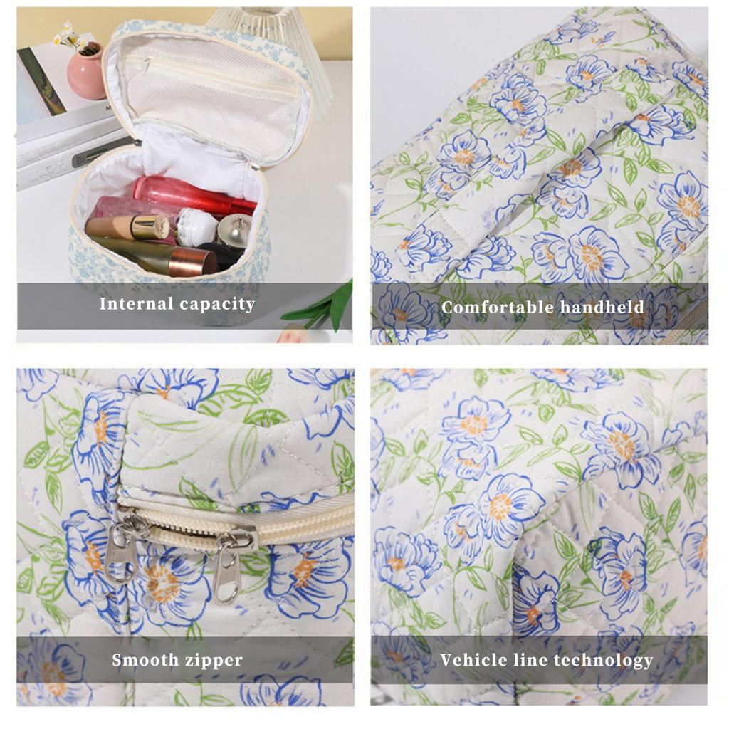 Floral Pattern Quilted Cotton Storage Bag Portable Handheld Organizer Pouch with Zipper Closure for Travel and Daily Use