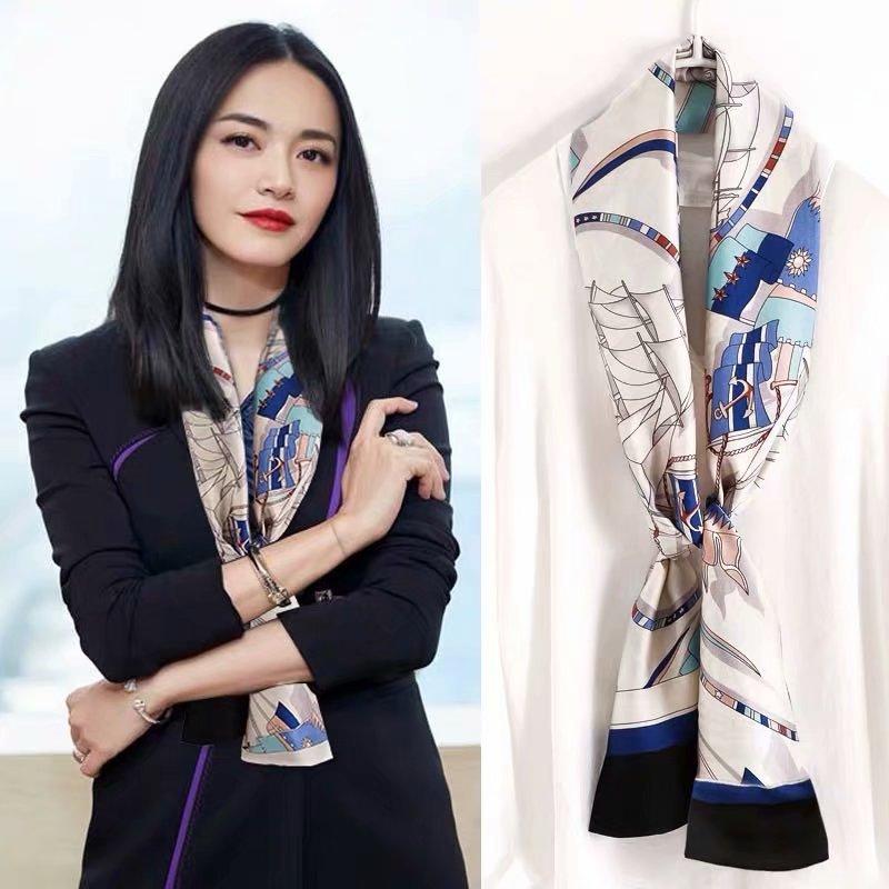 Luxury Silk Long Scarf Women Bag Handle Ribbon Ladies Plaid Print Headband Small Hair Scarves Band Female Handkerchief