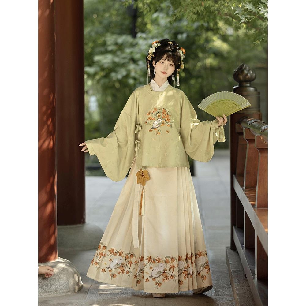 Chinesischer Ming-Dynastie-Stil Hanfu Rundhalsrobe Pipa-Ärmel Pferdegesicht-Rock Anzug für Frauen