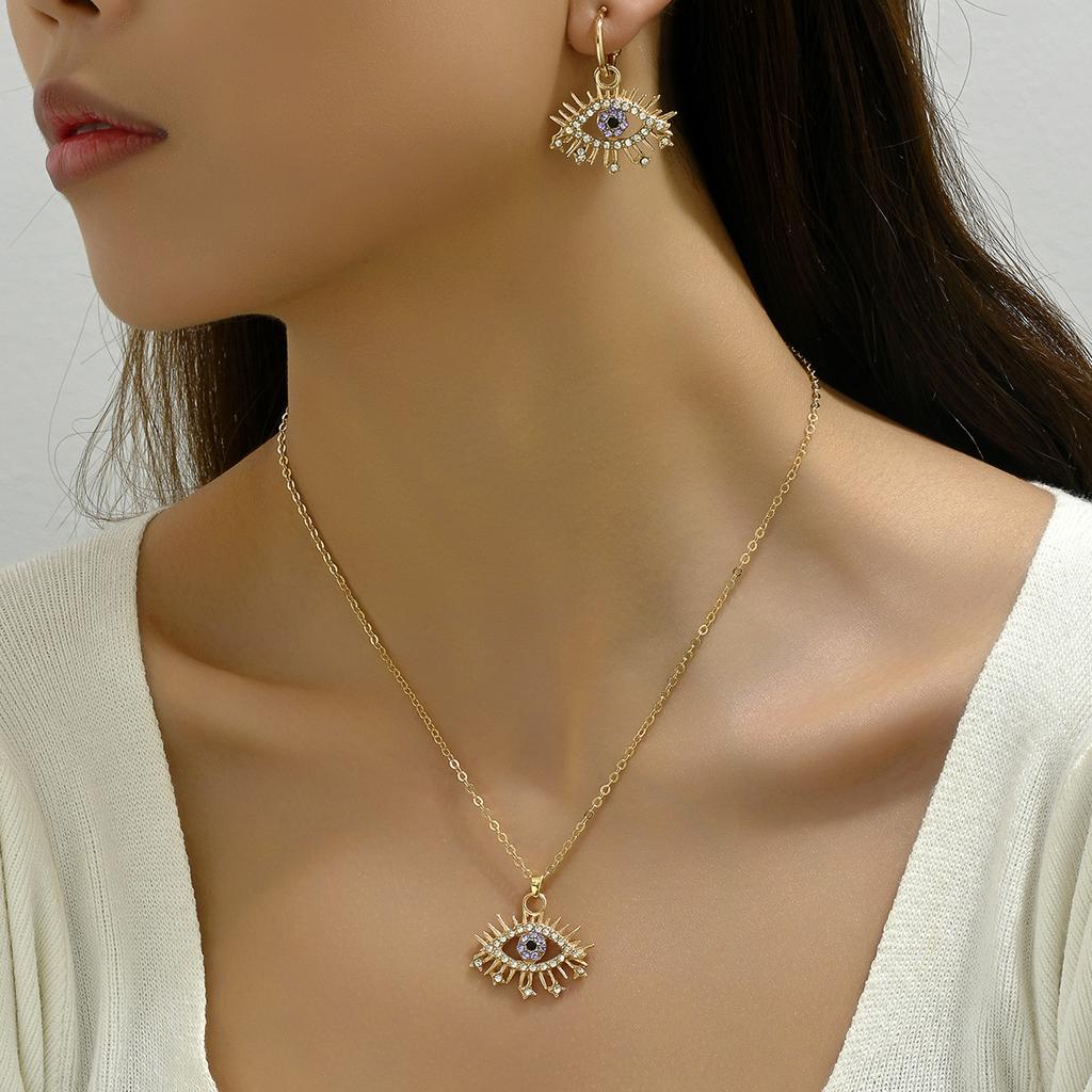 2025 new angel's eye hip-hop women's stud earrings necklace set with diamond design long collarbone chain