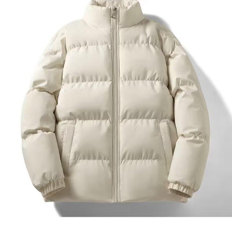 Unisex Solid Color Stand Collar Cotton Puffer Jacket - American Style, Loose, Warm, Trendy Autumn/Winter Coat