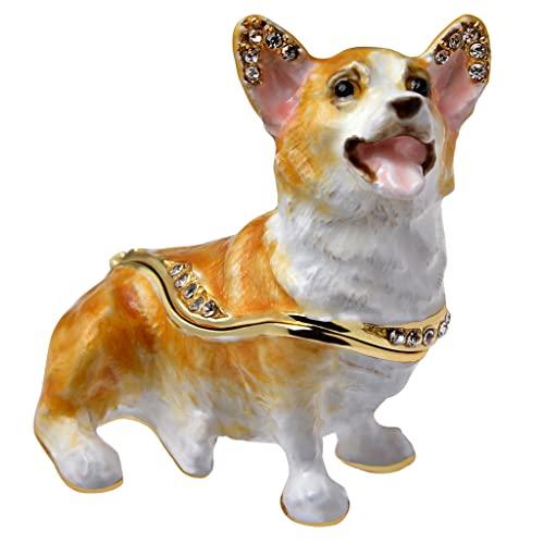 2.6-inch Corgi Figurine Dog Trinket Box, Hinged Jewelry Box, Golden Crystal Enamel, Animal Home Decor, Spicy Day Gift for Dog Lovers