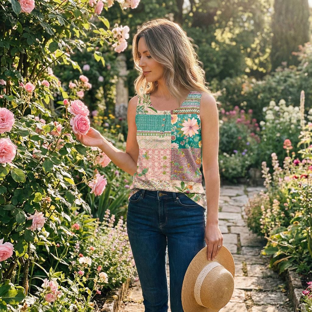 Womens Spring Tops Patchwork Tank Top Summer Shirts for Women Casual Sleeveless Womens Summer Shirts Loose Fit Tshirts Shirts for Women