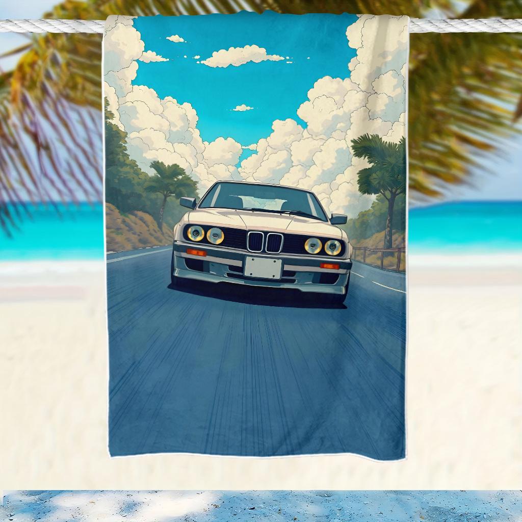 1Pc Men'S Dream Car Printed Beach Towel - Soft, Absorbent, Quick Drying - Suitable For Swimming, Camping, And Bathing