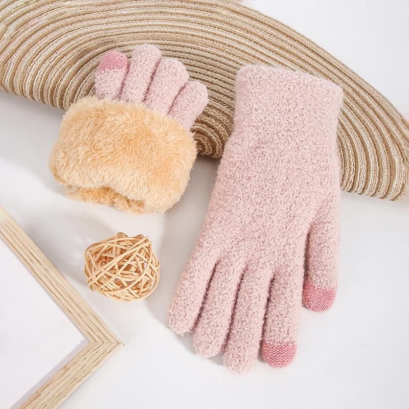 Autumn and winter women's warm and cold-proof knitted gloves plush wool thickened double-layer outdoor touch screen thickened warm