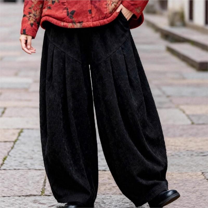 Johnature Women Vintage corduroy Black Bloomers Pants Winter Elastic Waist Loose Trousers Thick Casual Female Pants