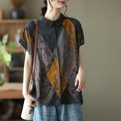 Dámska vintage etnická nadrozmerná bavlnená blúzka Letná móda Košele s krátkym rukávom s polo golierom Ležérne jednoduché topy Blusas Ropa