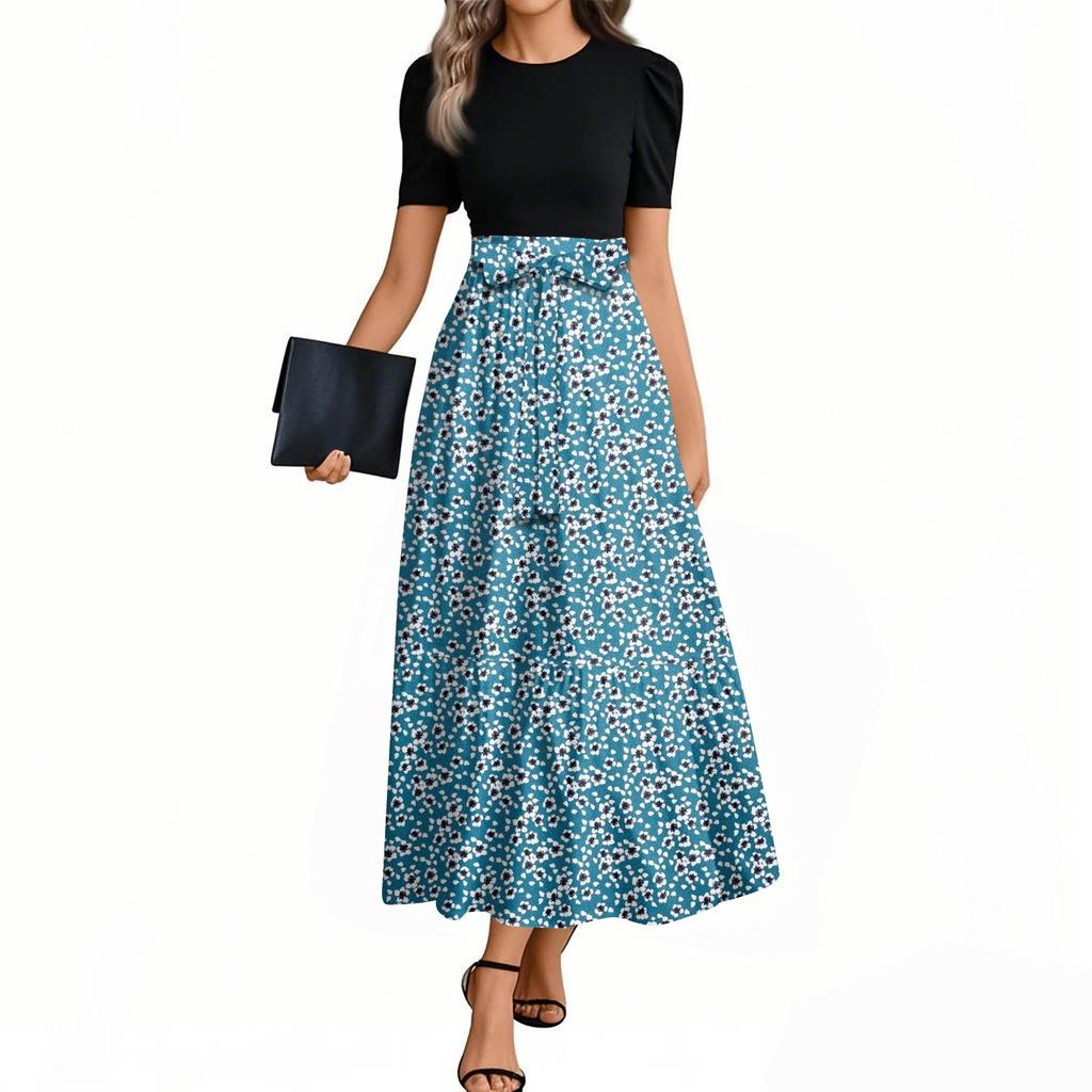 Women's Fashion Casual Belt Short Sleeve Round Neck Floral Stitching Elegant Temperament Dress