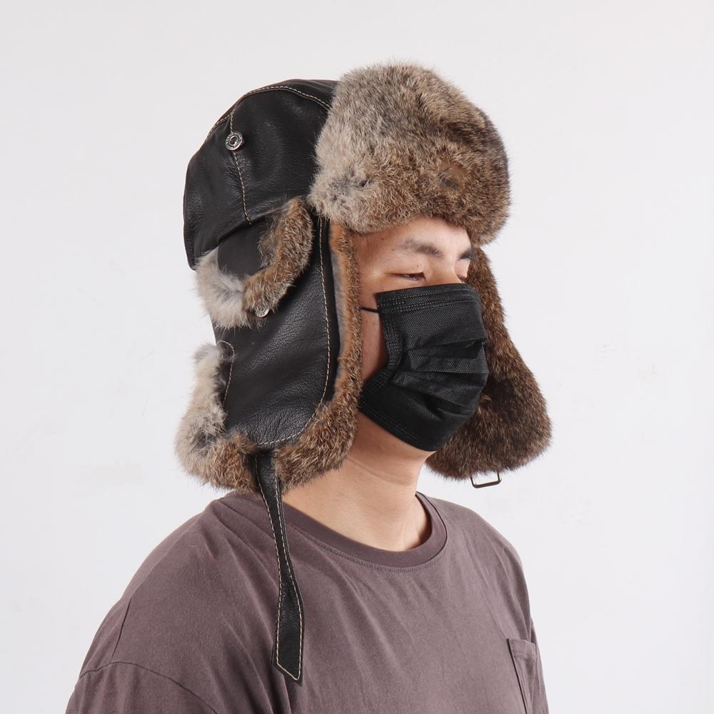 New Winter Men Natural Rabbit Fur Bomber Hat Genuine Sheepskin Leather Cap Men Outdoor Windproof Super Warm Rabbit Fur Caps