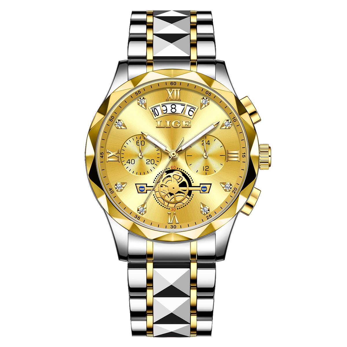 

LIGE Лучшие Новые Мужские Часы Оригинальные Модные Бизнес Водонепроницаемые Мужские Кварцевые Часы Из Нержавеющей Стали золотой